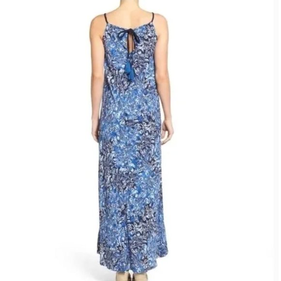 Lucky Brand Floral Boho Sleeveless Keyhole Maxi Dress Indigo Blue Small NEW - Picture 2 of 9